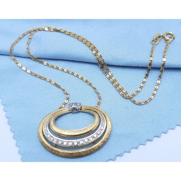 Unbranded Jewelry - Vintage 18K Two Tone Multi Color Gold Diamond Oval Pendant Link Chain Necklace